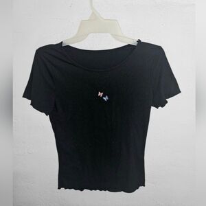 Black Ribbed Top with Butterfly Accents